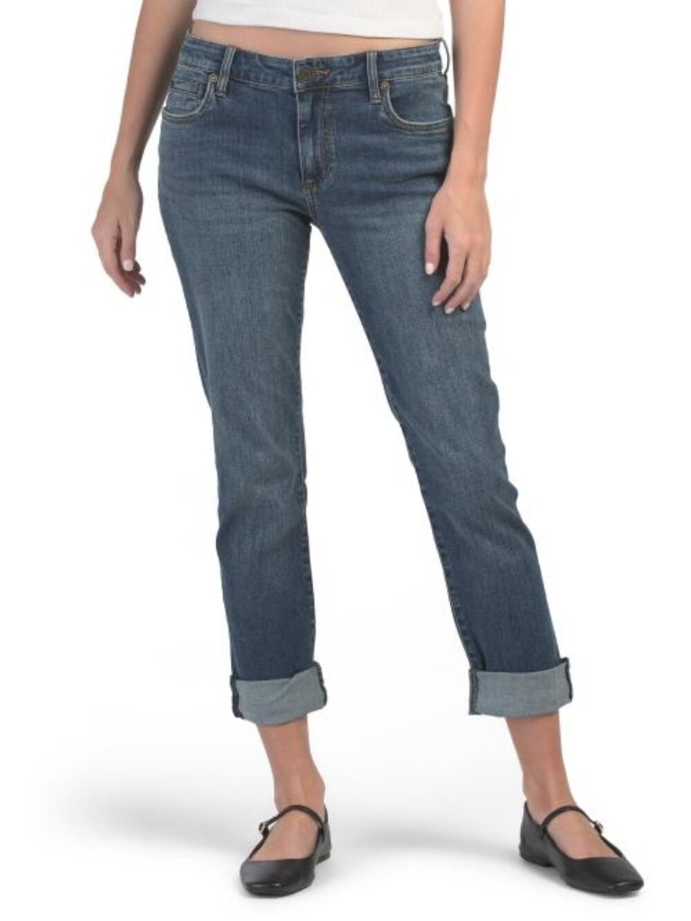 Kut from the Kloth Katy Boyfriend Mid Rise Jeans 6 Dark Wash Cuffed Button Flap